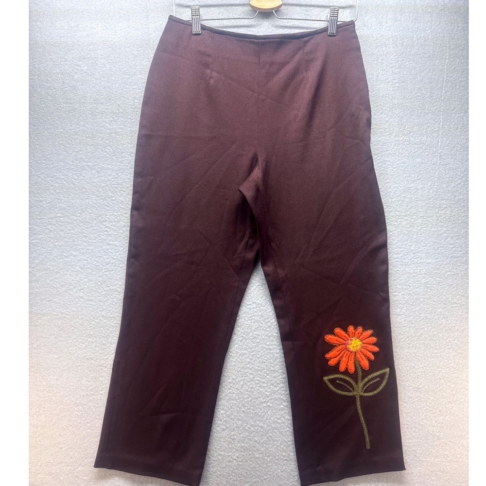 Vintage f.l. malik Brown Embroidered Daisy Pants 80s 90s Boho Hippie Whimsy SZ 8